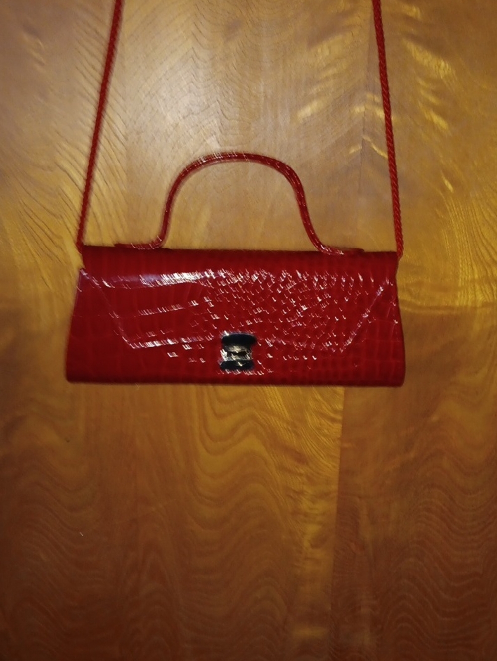 Red Croc-Embossed Patent Leather Shoulder Bag